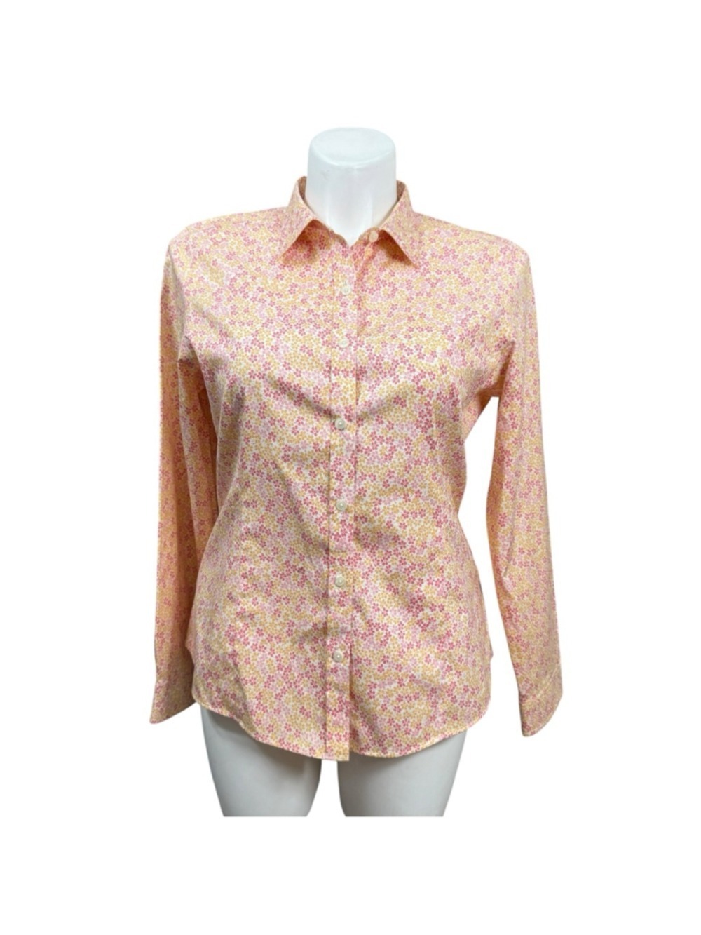 L.L.Bean Floral Button Down Shirt Women Size Large Pink Yellow Cotton Cottagecor
